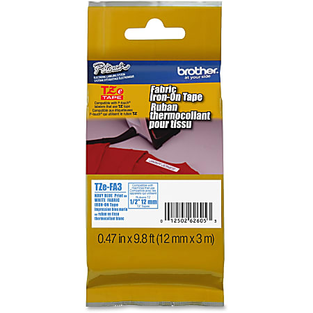 Brother TZeFA3 Ptouch Iron-On Tape - 15/32" Width x 118 7/64" Length - Thermal Transfer - White, Navy Blue - 1 Each