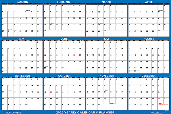 2026 SwiftGlimpse Yearly Erasable Wall Calendar, 36" x 54", White/Navy, January To December