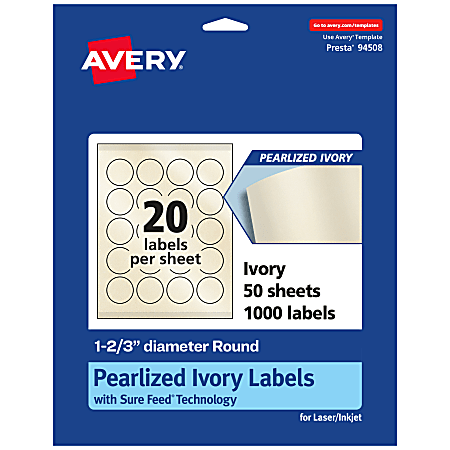 Avery® Pearlized Permanent Labels With Sure Feed®, 94508-PIP50, Round, 1-2/3" Diameter, Ivory, Pack Of 1,000 Labels