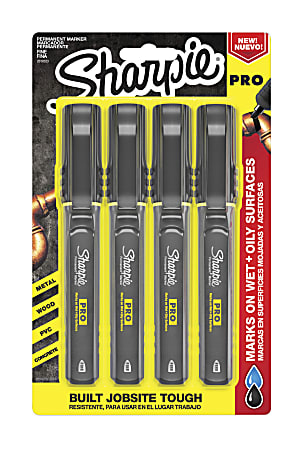 Sharpie® PRO Permanent Markers, Fine Point, Black/Gray Barrel, Black Ink, Pack Of 4