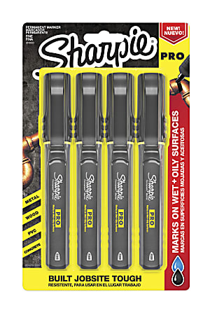Sharpie® PRO Permanent Markers, Fine Point, Black/Gray Barrel, Black Ink, Pack Of 4
