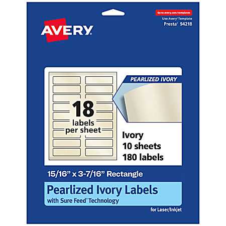 Avery® Pearlized Permanent Labels With Sure Feed®, 94218-PIP10, Rectangle, 15/16" x 3-7/16", Ivory, Pack Of 180 Labels