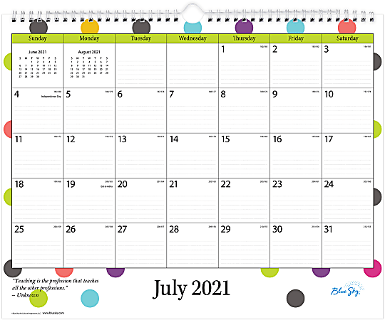 Blue Sky™ Monthly Teacher Wall Calendar, 12" x 15", Teacher Dots, 100340