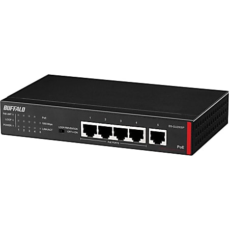 BUFFALO 5-Port Desktop Gigabit Green Ethernet High Power PoE Switch (BS-GU2005P) - 5 x RJ-45 - 10/100/1000Base-T - 4 x 802.3af PoE - Metal Chassis - Lifetime Warranty*