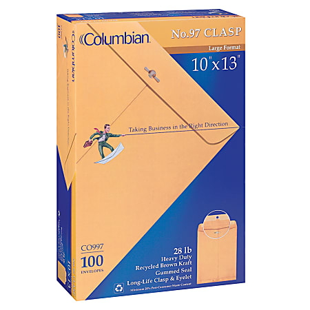 Columbian® Envelopes, 10" x 13", 28-Lb, Clasp Closure, Brown Kraft, Box Of 100