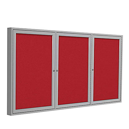Ghent 3 Door Enclosed Fabric Bulletin Board, Satin Aluminum Frame, 36"H x 72"W, Red