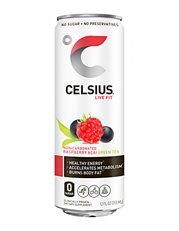 Celsius® Fitness Drinks, Raspberry Acai Green Tea, 12 Oz, Pack Of 12