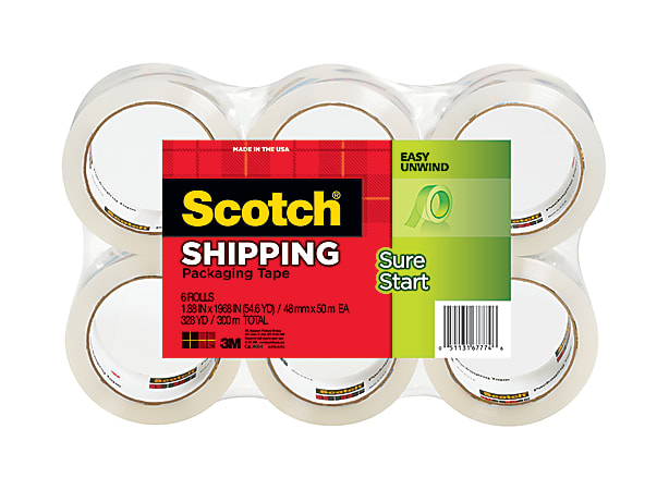 Scotch® Sure Start Shipping Tape, 1 7/8" x 54.6 Yd., Clear, Pack Of 6