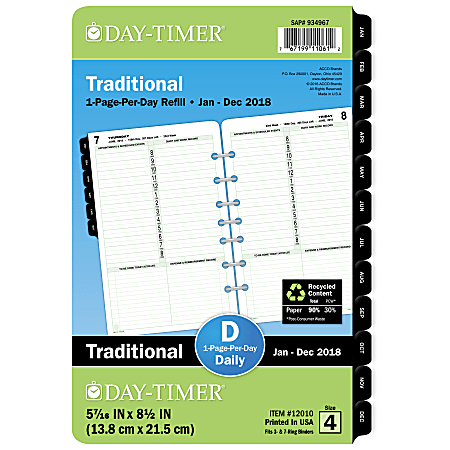 Day-Timer® Classic 1-Page-Per-Day Planner Refill, 5 1/2" x 8 1/2", 30% Recycled, January to December 2018 (120101801)