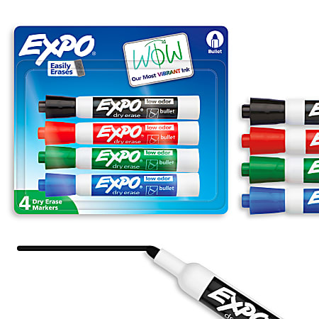 EXPO® Low-Odor Dry-Erase Markers, Bullet Tip, Assorted Ink Colors, Pack Of 4 Markers