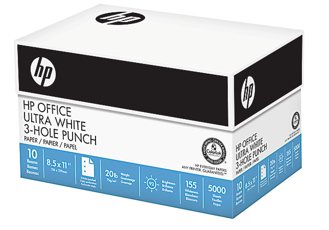 HP Office 3-Hole Punched Multi-Use Printer & Copy Paper, Ultra White, Letter (8.5" x 11"), 5000 Sheets Per Case, 20 Lb, 92 Brightness, Case Of 10 Reams