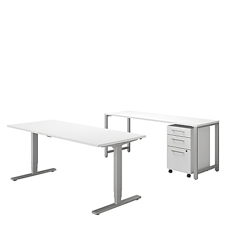 Bush Business Furniture 400 Series 72"W x 30"D Height Adjustable Standing Desk With Credenza And Storage, White, Premium Installation