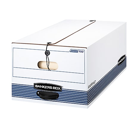 Bankers Box® Stor/File™ Medium-Duty Storage Boxes With String & Button Closure, Built-In Handles, Legal Size, 24" x 15" x 10", 60% Recycled, White/Blue, Case Of 12
