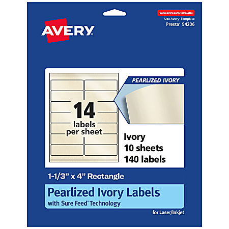 Avery® Pearlized Permanent Labels With Sure Feed®, 94206-PIP10, Rectangle, 1-1/3" x 4", Ivory, Pack Of 140 Labels