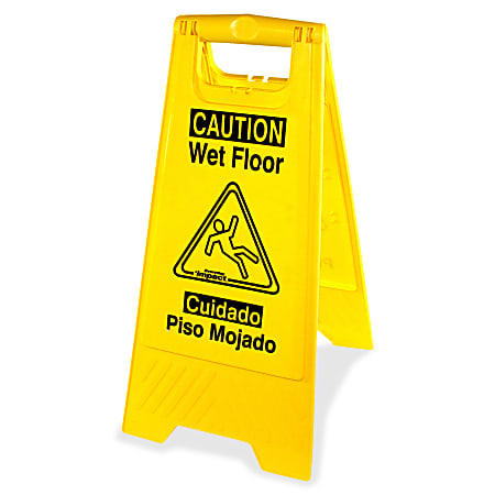 Genuine Joe Universal Graphic Wet Floor Sign - English, Spanish - Print/Message "Wet Floor" - Foldable - Yellow - 2 / Carton