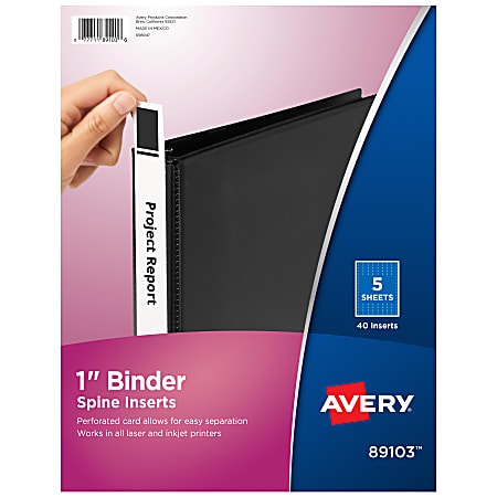 Avery® Binder Spine Inserts, 89103, For 1" Ring Binders With 1.4" Spine Width, White, Pack Of 40