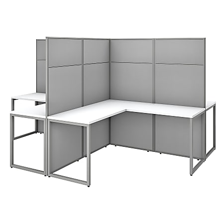 Bush Business Furniture Easy Office 60"W 4-Person L-Shaped Cubicle Desk Workstation With 66"H Panels, Pure White/Silver Gray, Premium Installation
