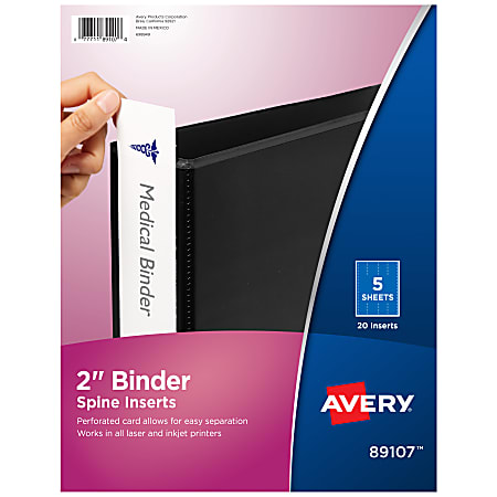Avery® Binder Spine Inserts, For 2" Ring Binders With 2.8" Spine Width, White, 4 Labels per Sheet, Pack Of 5 Sheets - 89107