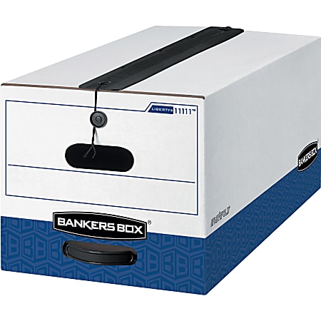 Bankers Box® Liberty® Plus Storage Boxes With String & Button Closure, 24" x 12" x 10", Letter, 60% Recycled, White/Blue, Case Of 12