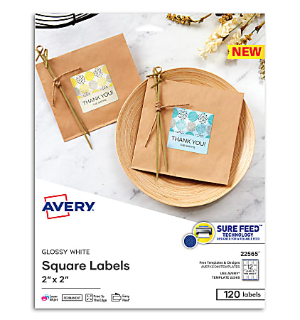 Avery® Printable Square Labels, 22565, 2”W x 2”D, Glossy White, Pack Of 120 Labels