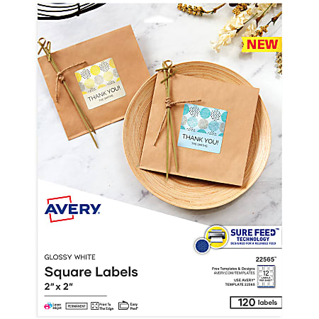 Avery® Printable Square Labels, 22565, 2”W x 2”D, Glossy White, Pack Of 120 Labels