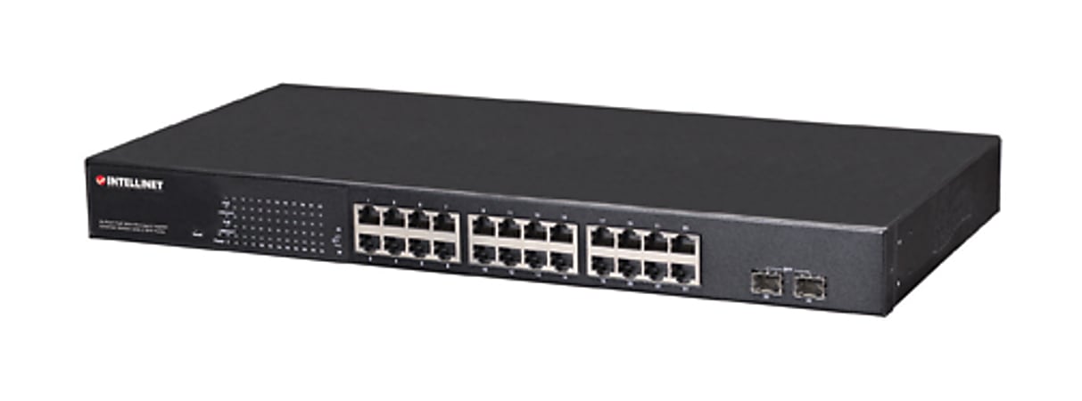 Intellinet 24-Port Gigabit Ethernet PoE+ Web-Managed Switch with 2 SFP Ports, 24 x PoE ports, IEEE 802.3at/af Power over Ethernet (PoE+/PoE), 2 x SFP, Endspan, 19" Rackmount (Euro 2-pin plug) - Switch - managed