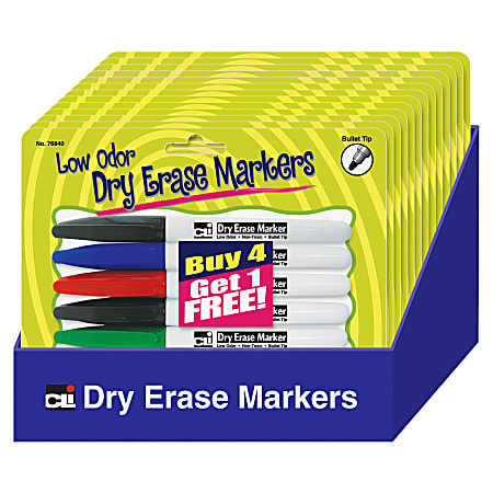 CLI Dry Erase Markers Set Display - Bullet Marker Point Style - Green, Red, Blue, Black - 12 / Display Box