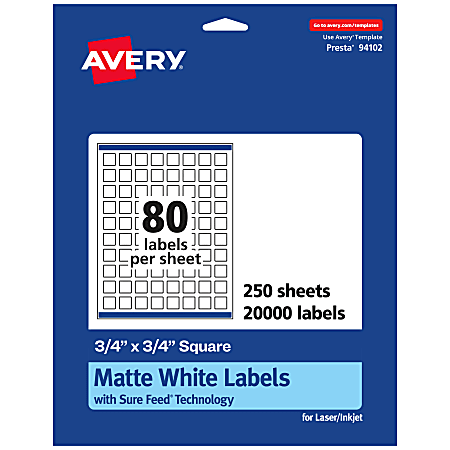 Avery® Permanent Labels With Sure Feed®, 94102-WMP250, Square, 3/4" x 3/4", White, Pack Of 20,000