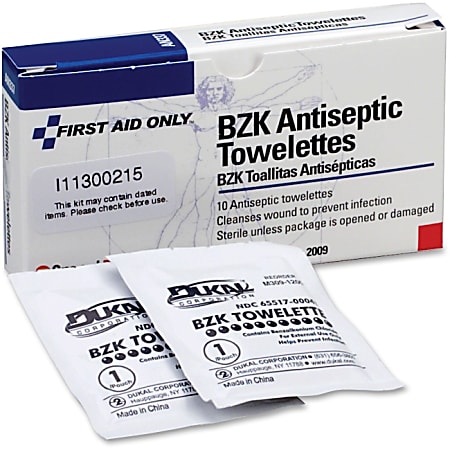 First Aid Only BZK Antiseptic Towelettes - 4.75" x 7.75" - 10/Box