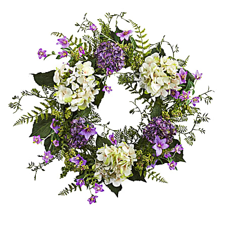 Nearly Natural Hydrangea Berry 24”H Plastic Wreath, 24”H x 24”W x 3”D, Purple