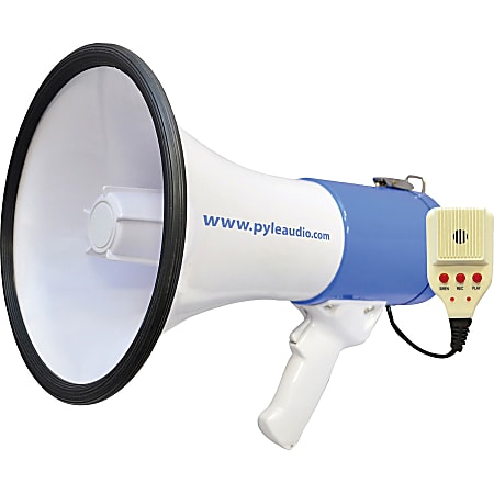 Pyle 50W Megaphone Bullhorn With Record/Siren/Talk Modes, 9-1/2”H x 9-1/4”W x 13-1/2”D, White/Blue