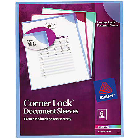 Avery® Corner Lock® Document Sleeves, 8-1/2" x 11", 20 Sheet Capacity, Assorted (Blue, Green, Purple), Pack Of 6