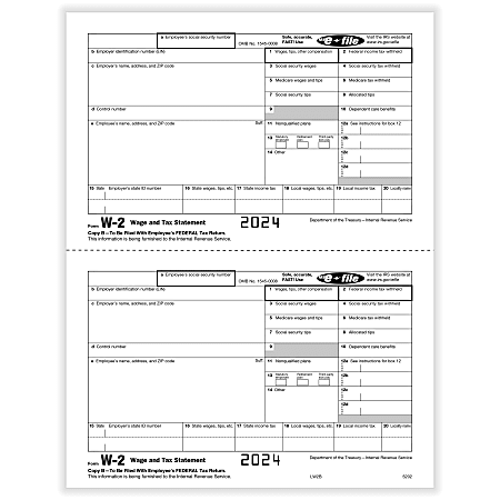 ComplyRight® W-2 Tax Forms, 2-Up, Employee’s IRS Federal Copy B, Laser, 8-1/2" x 11", Pack Of 50 Forms