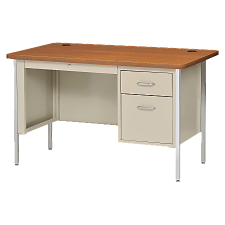 Lorell® Fortress Series Single-Pedestal Teacher's Desk, 29 1/2"H x 48"W x 30"D, Putty/Oak