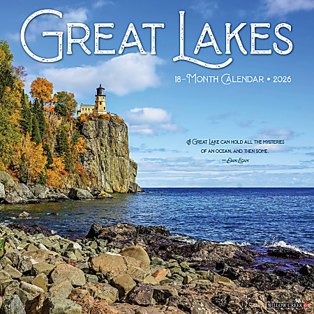 2026 Willow Creek Press Scenic Monthly Wall Calendar, 12" x 12", Great Lakes, January To December, 51368