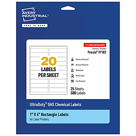 Avery® Ultra Duty® Permanent GHS Chemical Labels, 97182-WMU25, Rectangle, 1" x 4", White, Pack Of 500