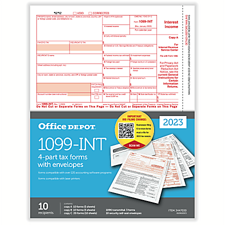 Office Depot® Brand 1099-INT Laser Tax Forms And Envelopes, 4-Part, 2-Up, 8-1/2" x 11", Pack Of 10 Form Sets