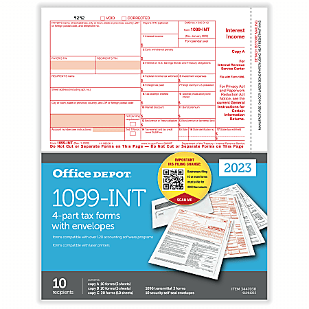 Office Depot® Brand 1099-INT Laser Tax Forms And Envelopes, 4-Part, 2-Up, 8-1/2" x 11", Pack Of 10 Form Sets, 61061023