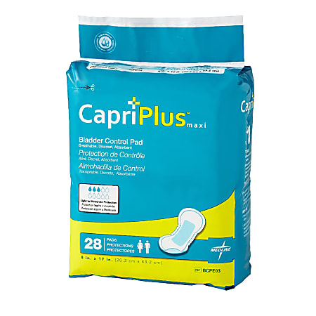 Capri Plus Bladder Control Pad Incontinent Liners, Ultra Plus, 8" x 17", White, Case Of 28