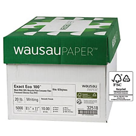 Wausau® Exact® Eco 100 Multipurpose Paper, Smooth, 8 1/2" x 11", 20 Lb, 100% Recycled, Ream Of 500 Sheets, Case Of 10 Reams