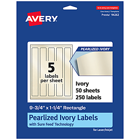 Avery® Pearlized Permanent Labels With Sure Feed®, 94262-PIP50, Rectangle, 9-3/4" x 1-1/4", Ivory, Pack Of 250 Labels
