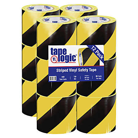 BOX Packaging Striped Vinyl Tape, 3" Core, 4" x 36 Yd., Black/Yellow, Case Of 12