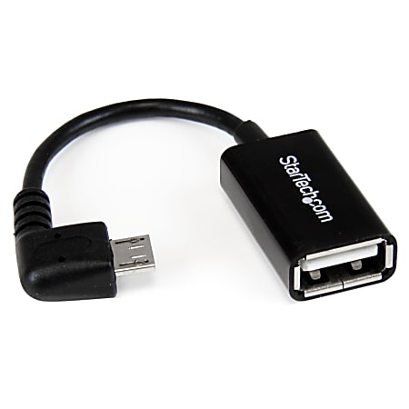 StarTech.com 5in Right Angle Micro USB to USB OTG Host Adapter M/F - 5" USB Data Transfer Cable for Cellular Phone, Tablet, Digital Text Reader, Keyboard/Mouse, Flash Drive - First End: 1 x Type A Female USB - Second End: 1 x Type B Male Micro USB