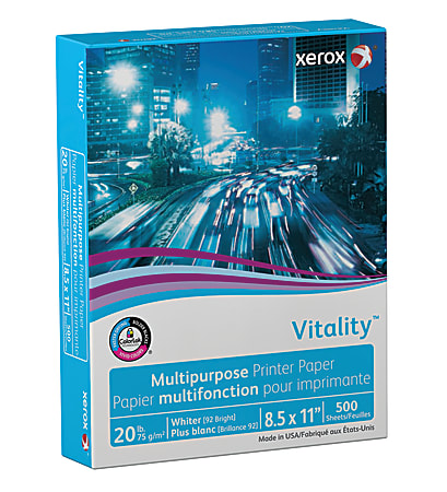 Xerox® Vitality™ Uncoated Multi-Use Printer & Copy Paper, White, Letter (8.5" x 11"), 500 Sheets Per Ream, 20 Lb, 92 Brightness, FSC® Certified