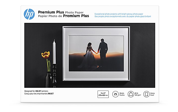 HP Premium Plus Photo Paper for Inkjet Printers, Glossy, Ledger Size (11" x 17)", 80 Lb., Pack Of 25 Sheets (CV065A)
