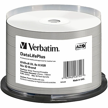 Verbatim DVD+R DL 8.5GB 8X DataLifePlus White Thermal Printable, Hub Printable - 50pk Spindle - 120mm - Printable - Thermal Printable