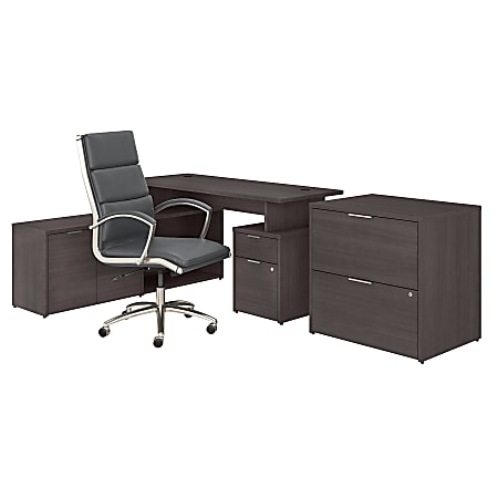 Bush Business Furniture Jamestown 60"W L-Shaped Desk With Lateral File Cabinet And High-Back Office Chair, Storm Gray, Premium Installation