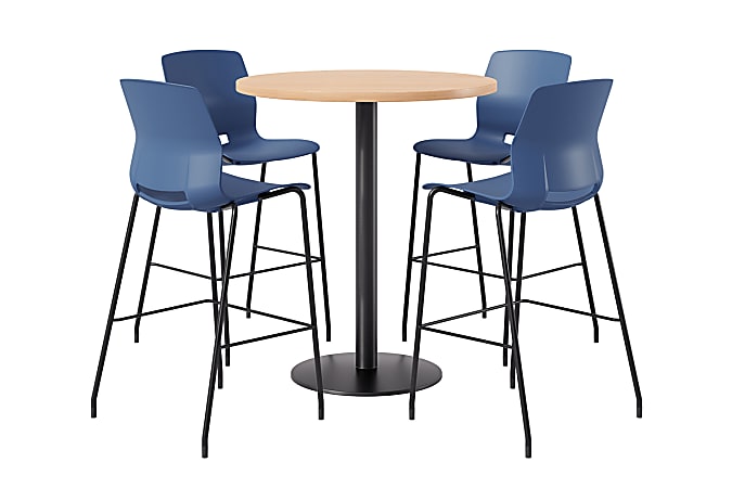 KFI Studios Proof Bistro Round Pedestal Table With Imme Barstools, 4 Barstools, Maple/Black/Navy Stools