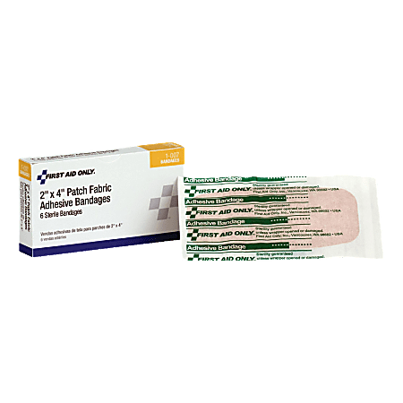 First Aid Only Fabric Adhesive Patch Bandages, 2" x 4", White/Natural, 6 Bandages Per Box, Pack Of 10 Boxes