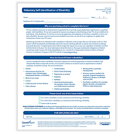 ComplyRight™ Voluntary Self-Identification Of Disability Forms, 8-1/2" x 11", Pack Of 50 Forms
